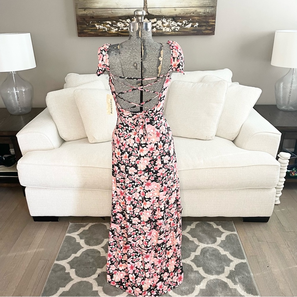 XS pink red black green floral print midi high low dress - Picture 5 of 11